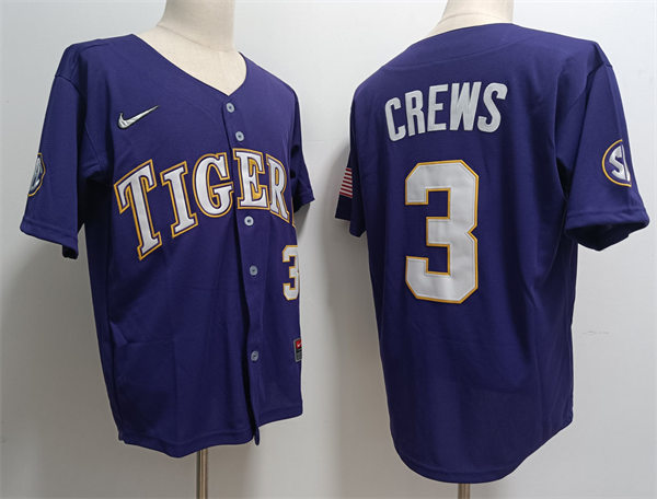 Mens Youth Tigers #3 Dylan Crews Nike Purple College Game Baseball Jersey
