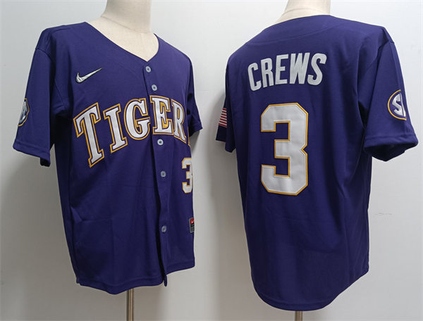 Mens Youth LSU Tigers #3 Dylan Crews Nike Purple College Game Baseball Jersey