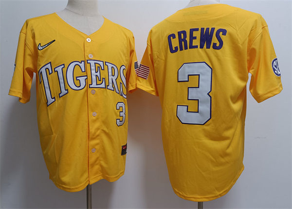 Mens Youth LSU Tigers #3 Dylan Crews Nike Gold College Game Baseball Jersey