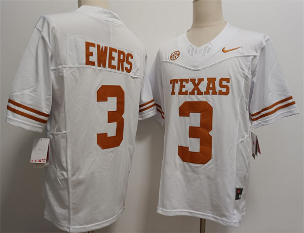 Mens Texas Longhorns #3 Quinn Ewers 2024 SEC White College Football Game Jersey