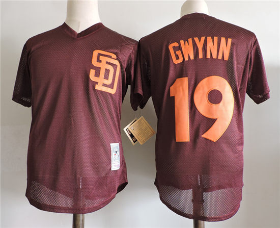 Mens San Diego Padres #19 Tony Gwynn San Diego Padres 1985 Brown Mesh Majestic Cooperstown Collection Batting Practice Jersey