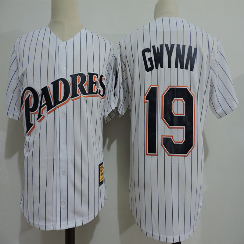 Mens San Diego Padres #19 Tony Gwynn 1987 White Pinstripe Throwback Jersey