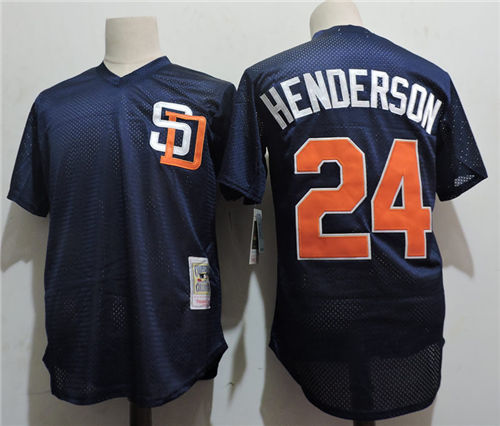 Men's San Diego Padres #24 Rickey Henderson Mitchell & Ness Cooperstown Collection Mesh Batting Practive Navy Blue Jersey