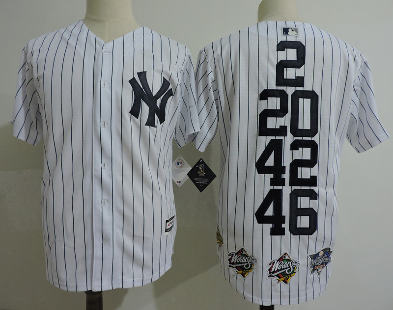 Mens New York Yankees #2 Derek Jeter #20 JORGE POSADA #42 Mariano Rivera #46 ANDY PETTITTE White Pinstripe Cooperstown Commemorate Jersey with 5 World Series Champions Patch