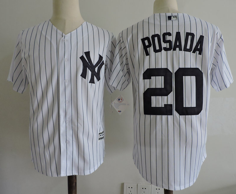Men's New York Yankees #20 Jorge Posada Majestic White Navy Home Cool Base Player Jersey with Retirement Patch