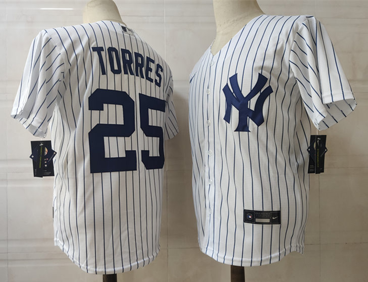 Mens New York Yankees #25 Gleyber Torres Nike White Home with Name Cool Base Baseball Jersey