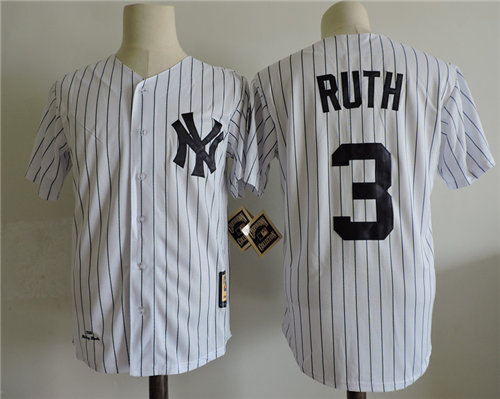 Men's New York Yankees #3 BABE RUTH White With Name 75TH Patch Cooperstown Collection Player Jersey