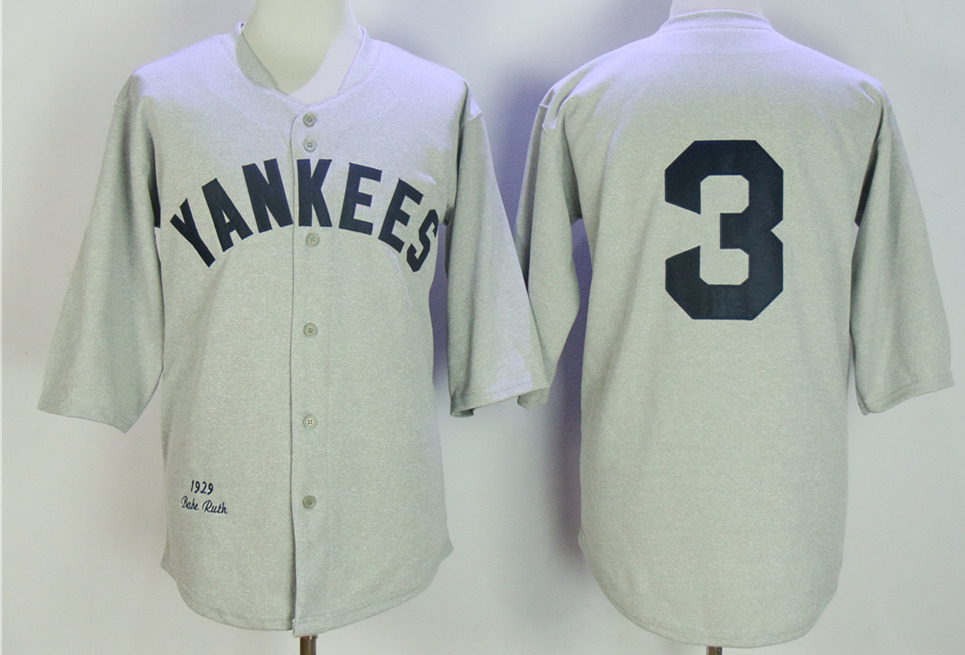 Mens New York Yankees #3 Babe Ruth Gray Wool Mitchell&Ness Throwback Jersey