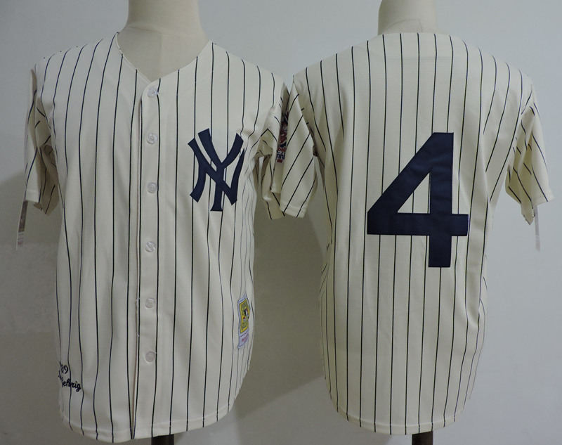 Men's New York Yankees #4 Lou Gehrig Mitchell & Ness Cream Navy Throwback 1939 Authentic Jersey