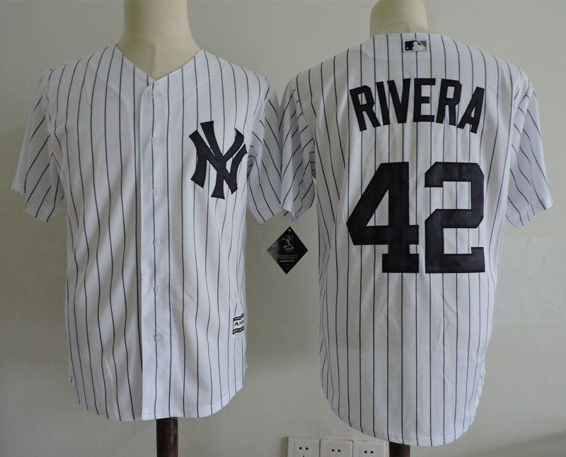 Men's New York Yankees #42 Mariano Rivera White Navy Pinstripe Jersey with Name on back