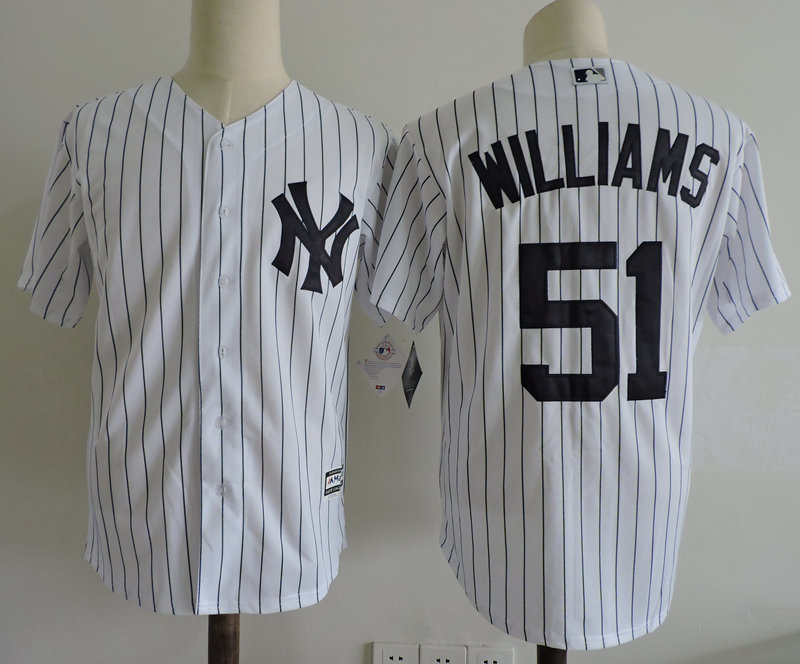 Men's New York Yankees #51 Bernie Williams Majestic White Navy Home Cool Base Jersey with Commemorative Patch