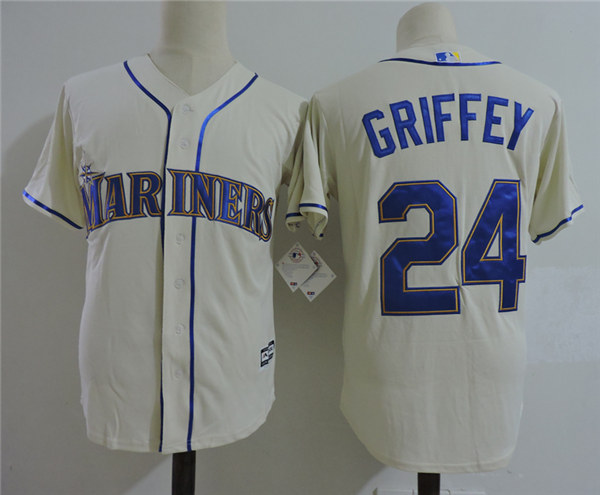 Men's Seattle Mariners #24 Ken Griffey Jr. Cream Cooperstown Collection Cool Base Jersey W/2016 Hall Of Fame Patch