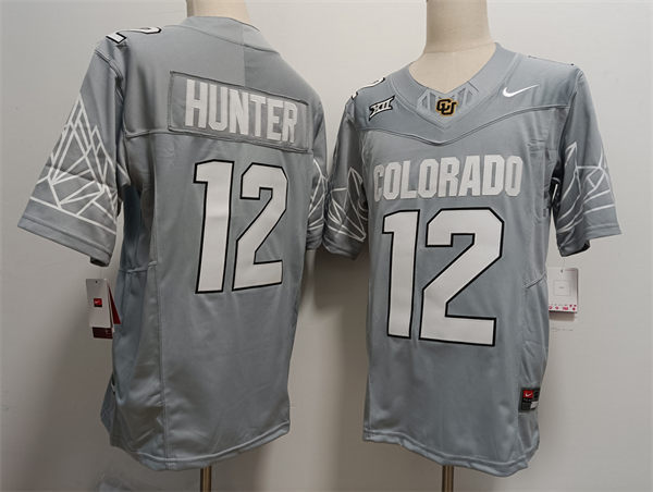 Mens Colorado Buffaloes #12 Travis Hunter 2024 Gray White XII Football Game Jersey