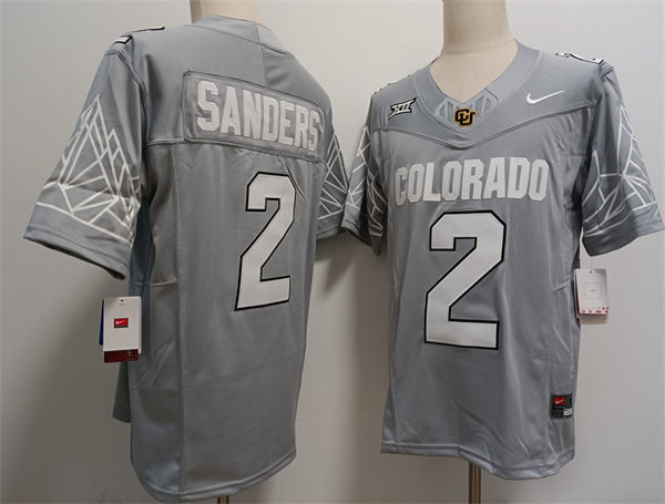 Mens Colorado Buffaloes #2 Shedeur Sanders 2024 Gray White XII Football Game Jersey