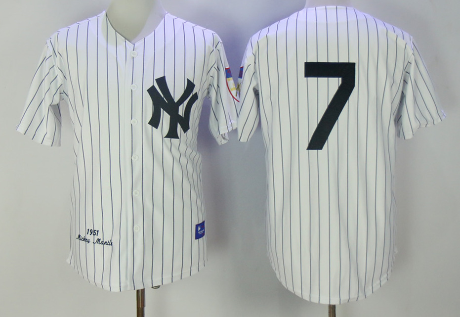 Men's New York Yankees #7 Mickey Mantle White 1951 Throwback Jersey