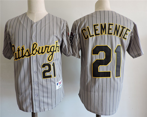 Men's Pittsburgh Pirates #21 Roberto Clemente Gray Pinstripe Majestic Cooperstown Throwback Jersey