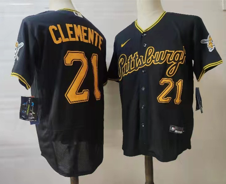 Mens Pittsburgh Pirates Retired Player #21 Roberto Clemente Nike Black Alternate 2nd Pittsburgh FlexBase Jersey