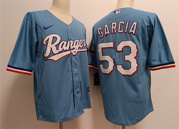 Mens Texas Rangers #53 Adolis Garcia Nike Light Blue Alternate FlexBase Player Jersey