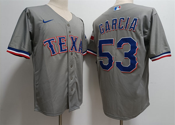 Mens Texas Rangers #53 Adolis Garcia Nike Grey Road CoolBase Player Jersey