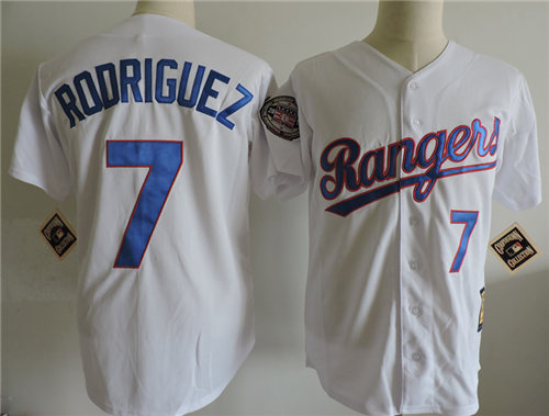 Men's Texas Rangers #7 Ivan Rodriguez White 1993 Cooperstown Throwback Jersey with 2017 HOF patch