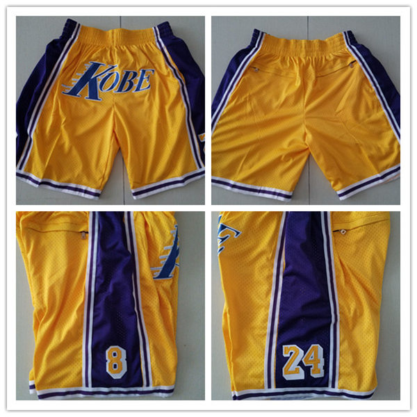 Mens Los Angeles Lakers #8#24 Kobe Bryant Gold Purple Justdon 4 Pockets Shorts