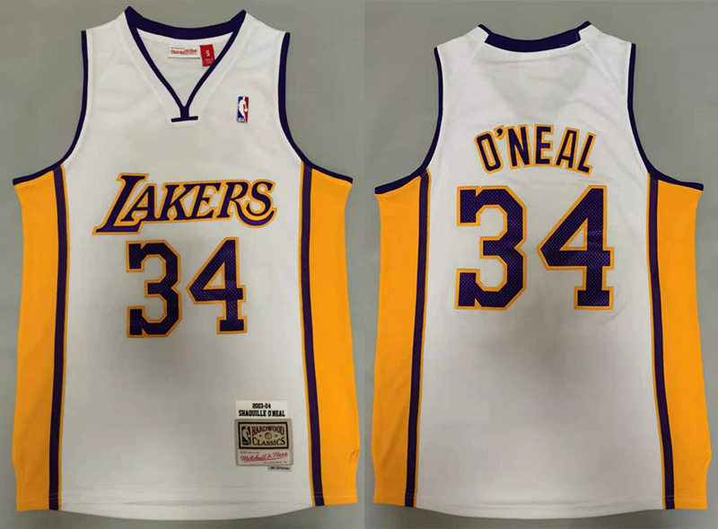 Mens Los Angeles Lakers #34 Shaquille O'neal 2003-04 White Mitchell & Ness Hardwood Classics Throwback Jersey