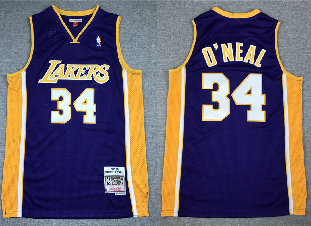 Mens Los Angeles Lakers #34 Shaquille O'Neal 1999-2000 Purple Gold Mitchell&Ness  Hardwood Classics Throwback Jersey