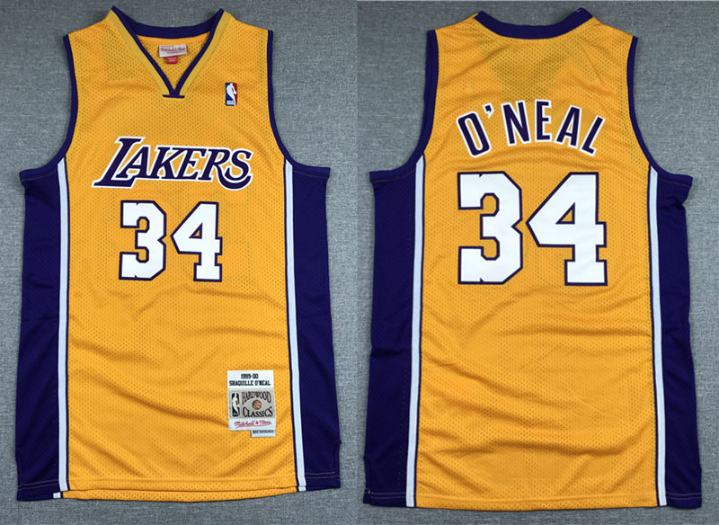 Mens Los Angeles Lakers #34 Shaquille O'Neal 1999-2000 Gold Purple Hardwood Classics Throwback Jersey