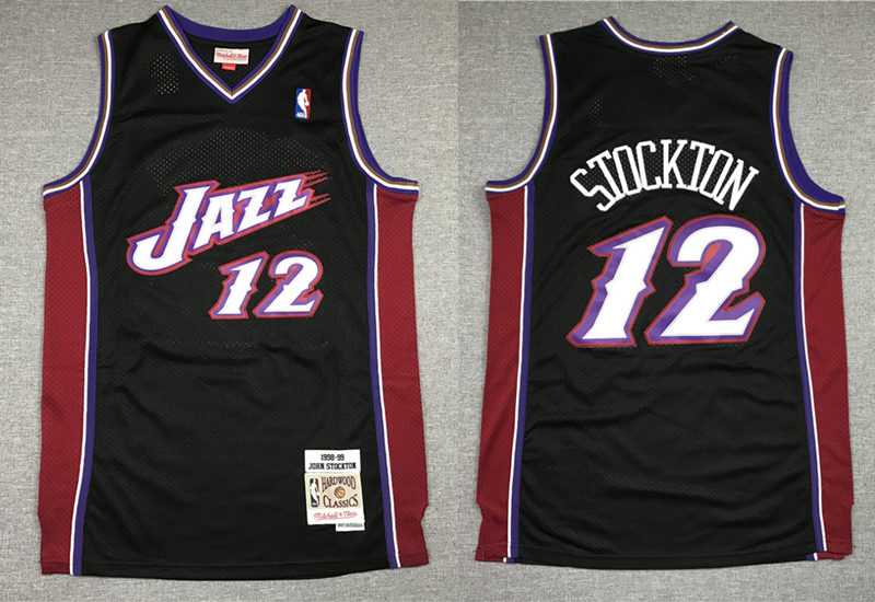 Men's Utah Jazz #12 John Stockton Black 1998-99 Hardwood Classics Throwback Jersey