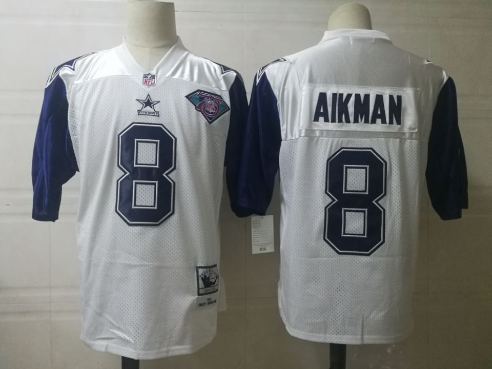 Dallas Cowboys #8 Troy Aikman White 75TH Patch Throwback Jersey
