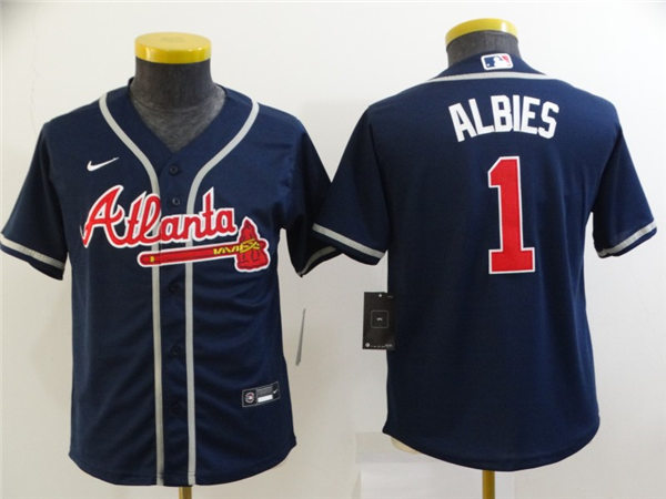 Youth Atlanta Braves #1 Ozzie Albies Nike Navy Alternate Cool Base Jersey