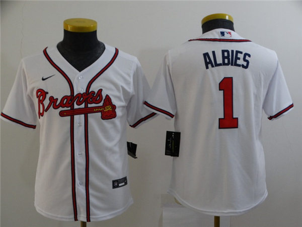 Youth Atlanta Braves #1 Ozzie Albies Nike Home White Cool Base Jersey