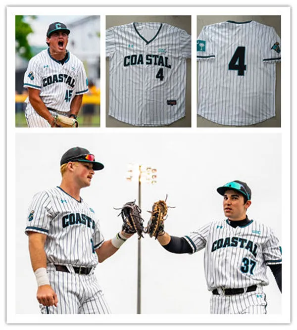 Mens Youth Coastal Carolina Chanticleers Custom White Pinstripe College Baseball Game Jersey