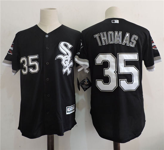 Men's Chicago White Sox Retired Player #35 Frank Thomas Majestic Black Cool Base 2005 World Series Patch Baseball Jersey