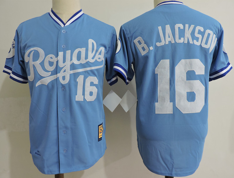 Men's Kansas City Royals #16 Bo Jackson Light Blue Throwback player Jersey