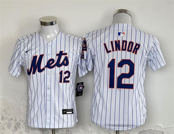 Youth New York Mets #12 Francisco Lindor Nike White Pinstripe Jersey