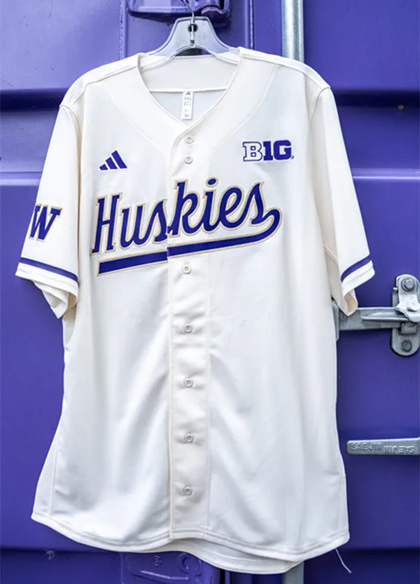 Washington Huskies Custom Cream adidas Button-Up Baseball Game Jersey
