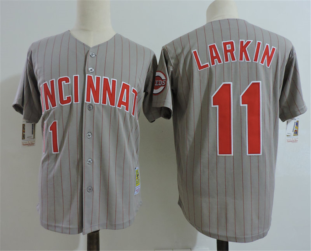 Men's Cincinnati Reds #11 BARRY LARKIN 1993 Majestic Throwback Away Gray Baseball Jersey