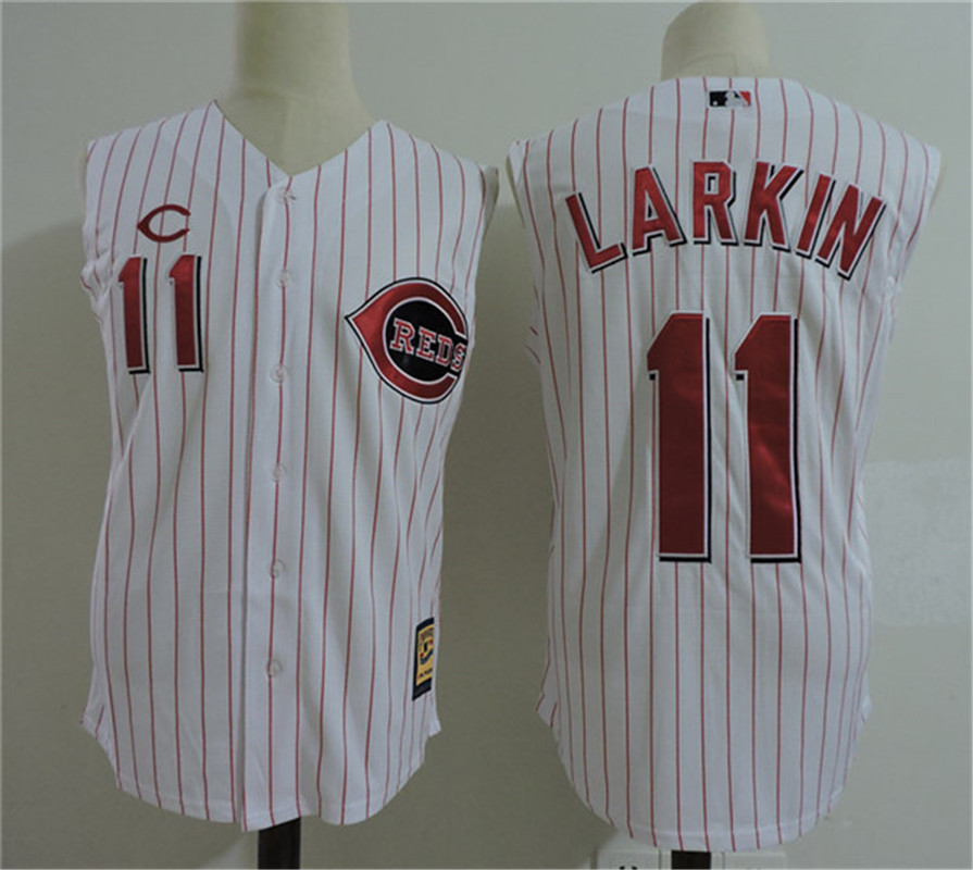 Men's Cincinnati Reds Retired Player #11 Barry Larkin Majestic White Sleeveless Baseball Jersey