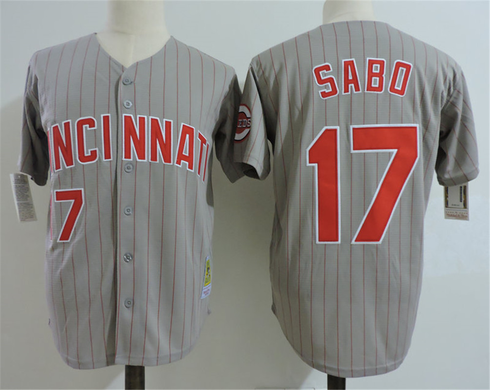 Men's Cincinnati Reds Retired Player #17 Chris Sabo Gray Stripe Turn Back the Clock Throwback Authentic Player Jersey