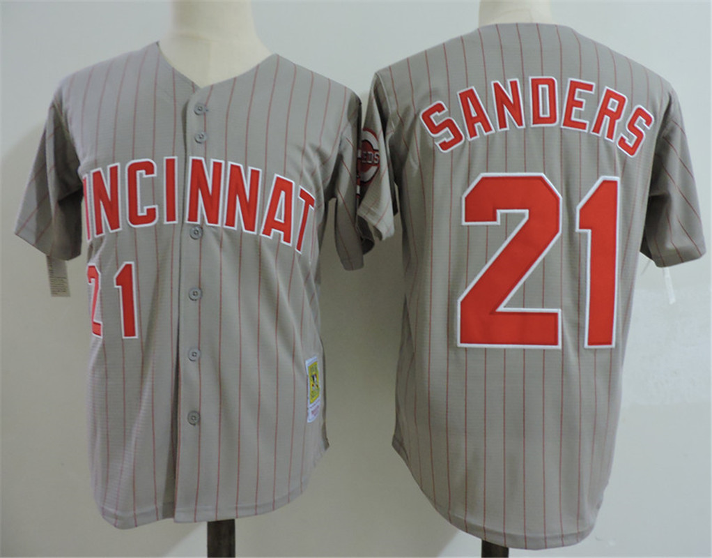 Men's Cincinnati Reds #21 DEION SANDERS 1997 Majestic Throwback Away Gray Baseball Jersey