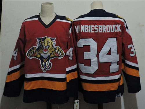 Men's Florida Panthers #34 JOHN VANBIESBROUCK 1993 Vintage Throwback Red Jersey