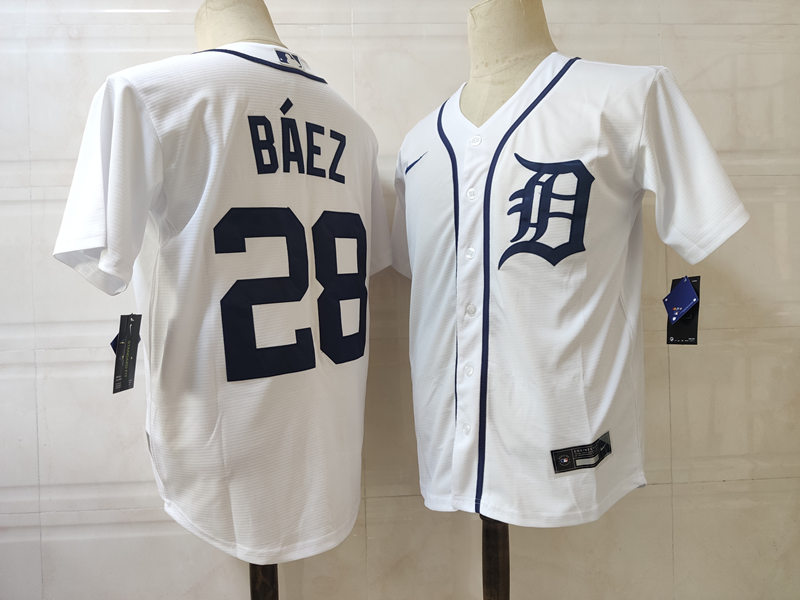 Mens Detroit Tigers #28 Javier Baez Nike Stitched Nike White Home Cool Base Jersey