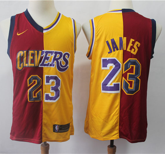 Mens Cleveland Cavaliers #23 LeBron James Nike Maroon Yellow Two Jersey