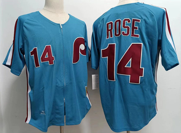 Men's Philadelphia Phillies #14 Pete Rose Blue zipper Throwback Jersey