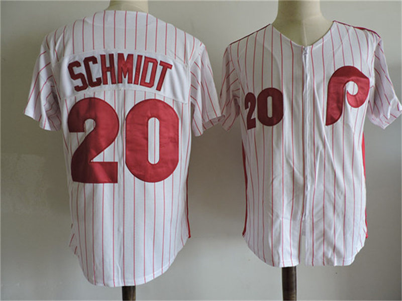 Men's Philadelphia Phillies #20 Mike Schmidt White Red Pinstripe zipper 1976 Throwback Jersey