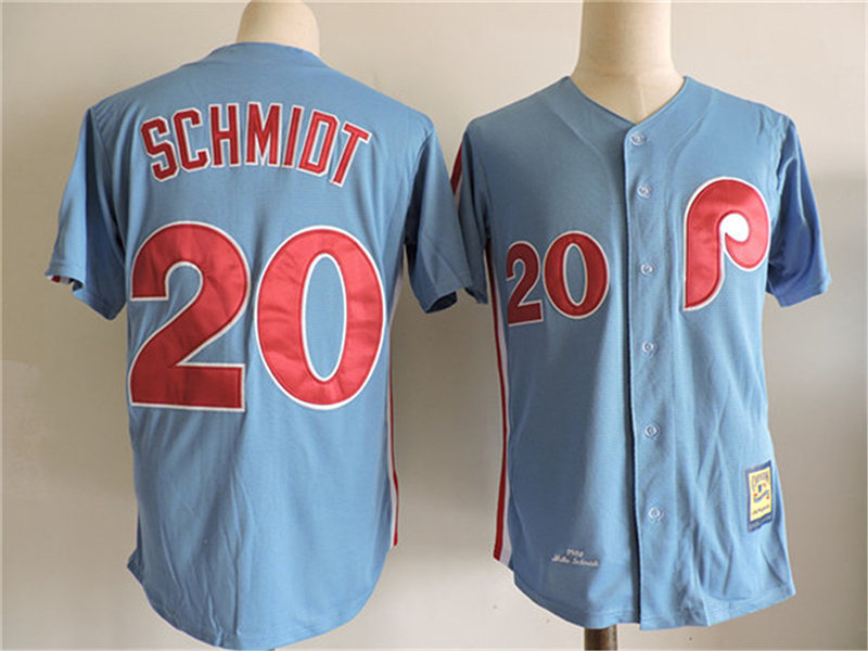 Men's Philadelphia Phillies Throwback Player #20 Mike Schmidt Light Blue Majestic Cool Base Cooperstown Collection Jersey