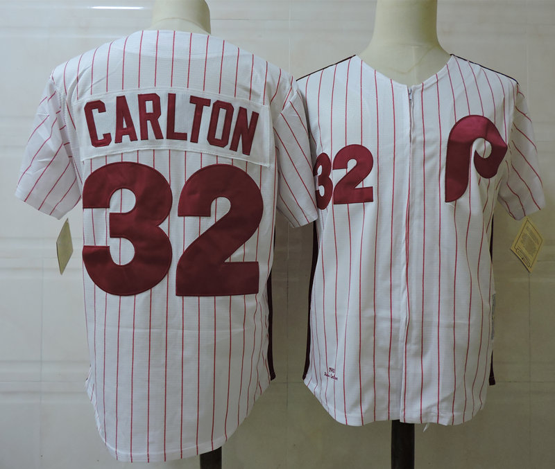 Mens Philadelphia Phillies #32 Steve Carlton White Pinstripe With zipper Throwback Jersey