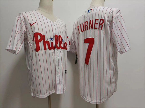 Mens  Philadelphia Phillies #7 Trea Turner Nike White Pinstripe Home Coolbase Jersey