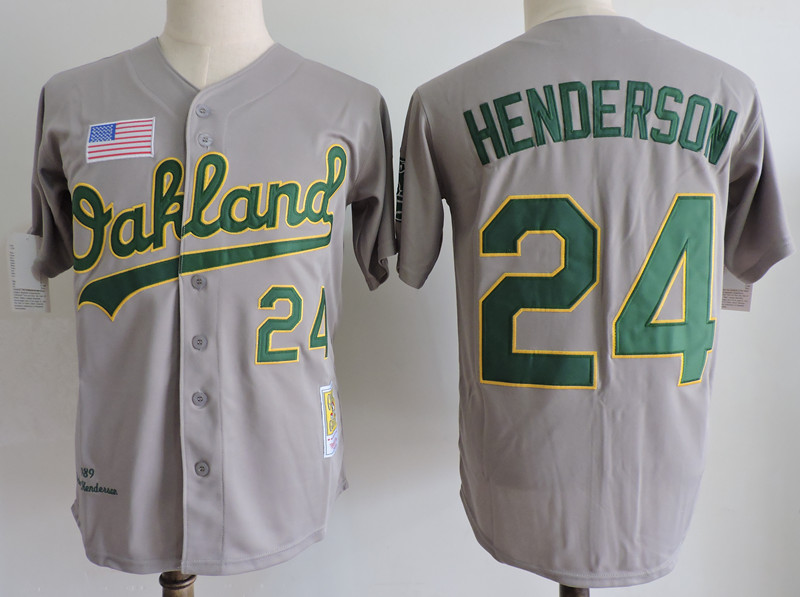 Men's Oakland Athletics #24 Rickey Henderson Grey 1989 World Series Mitchell & Ness Cooperstown Throwback Jersey